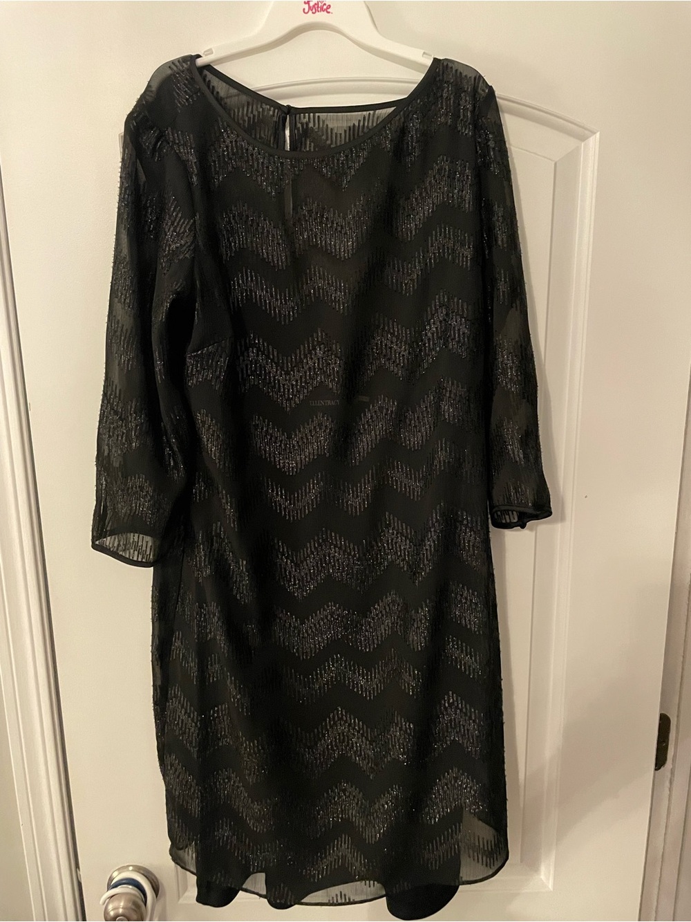 Ellen Tracy Black Chevron Lace Overlay Long Sleeve Dress